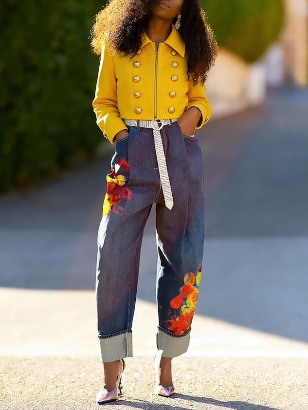 Denim Casual Printing Jeans With No Belt