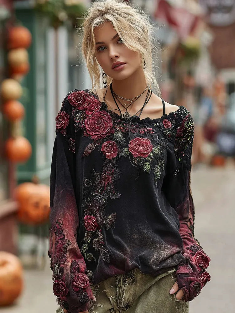 Vintage Rose Embroidery Beaded Gradient Long-sleeved T-shirt