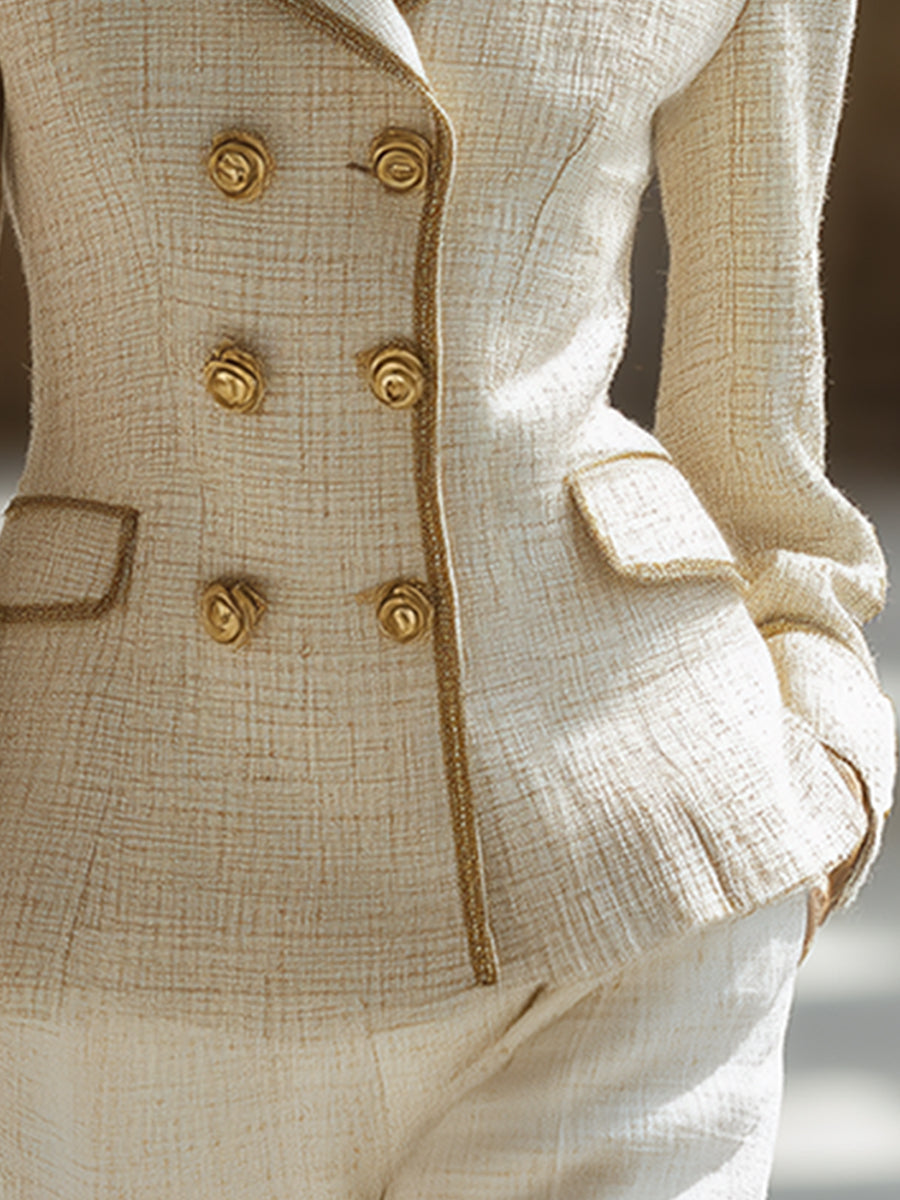 Elegant And Sophisticated Off-white Tweed Lapel Button-down Jacket