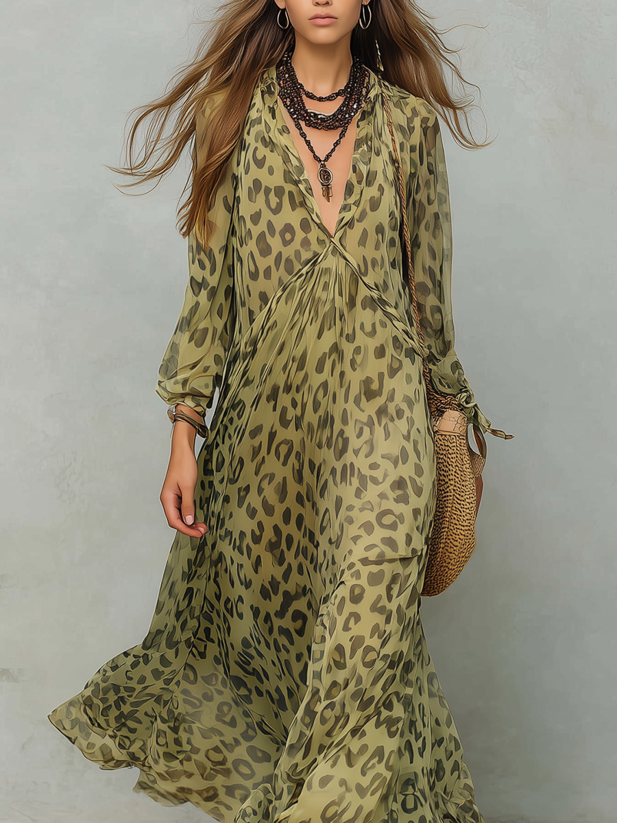 Olive Green Leopard Print Chiffon Long-sleeved Bohemian Dress