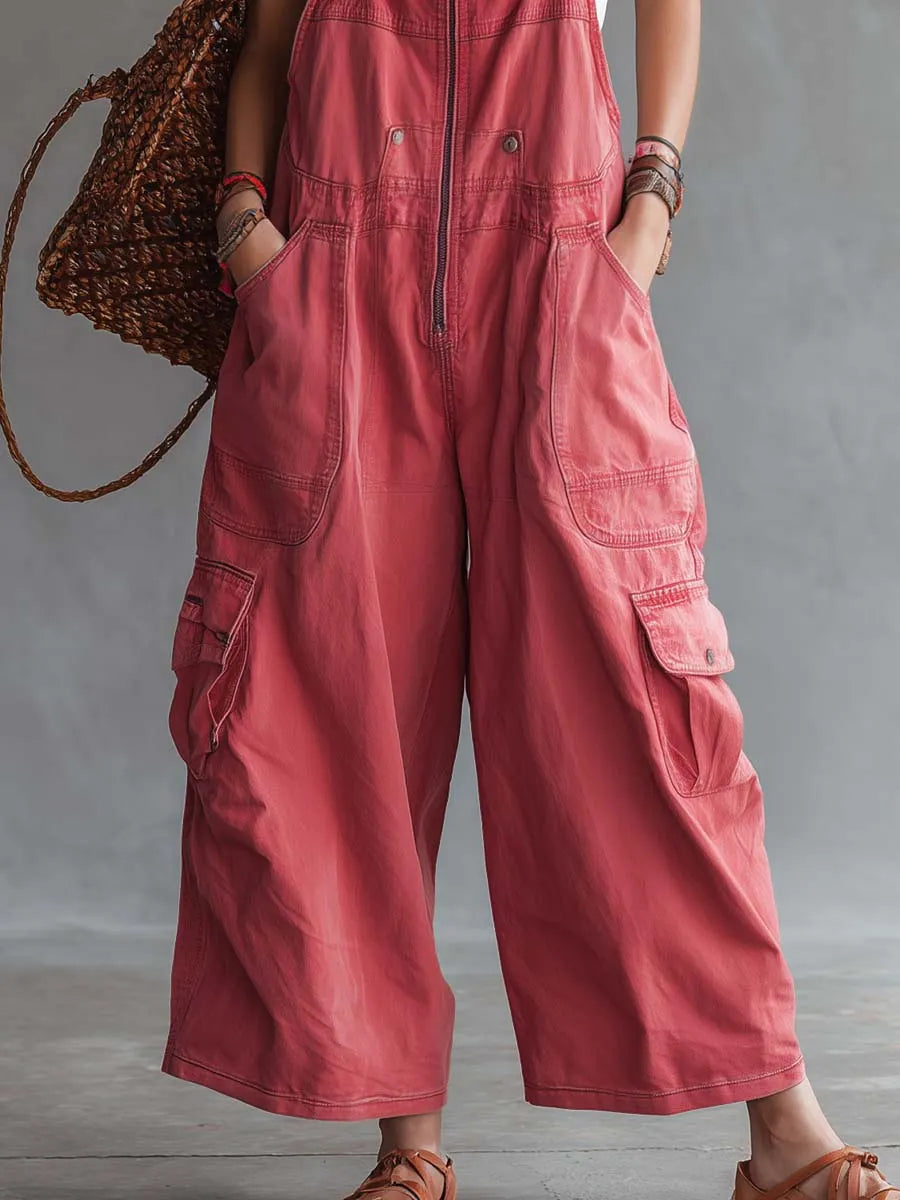 Women's Washed Coral Denim Utility Overalls Jumpsuit