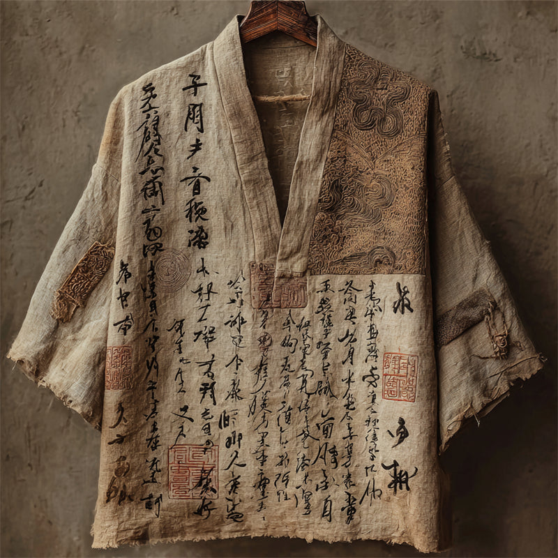 Japanese Ancient Calligraphy Art Linen Shirt