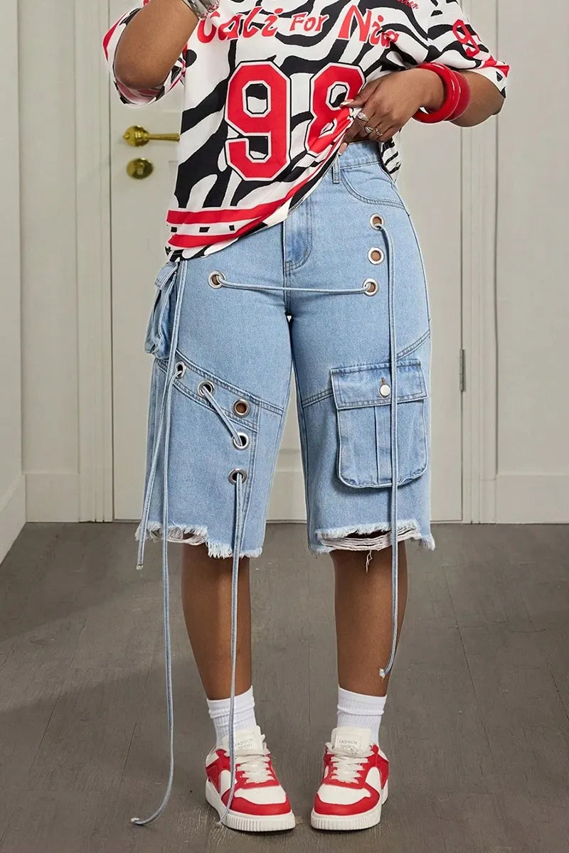 Women's Casual Cutout Cropped Denim Shorts