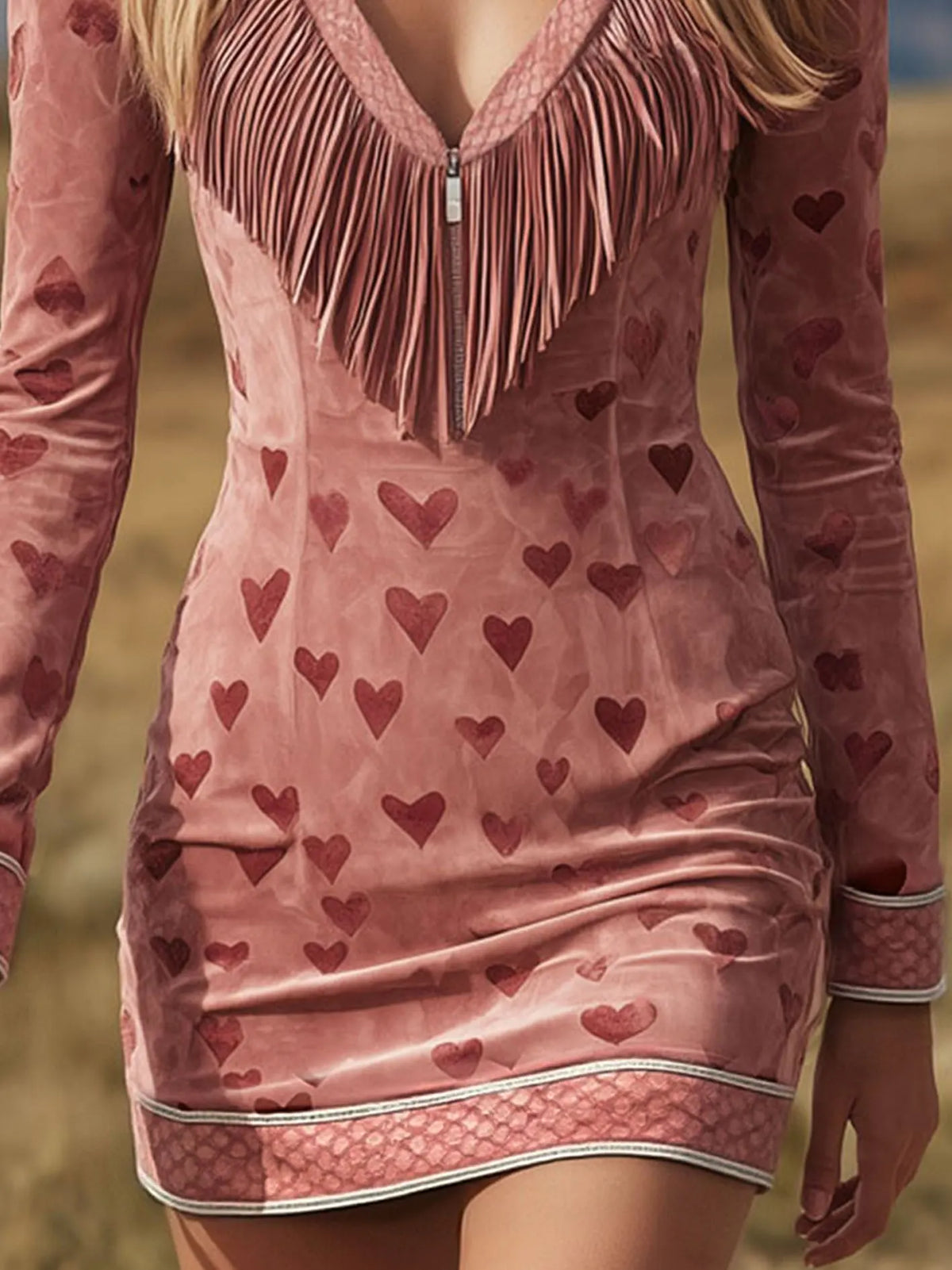 Western Style V-neck Fringed Heart Print Faux Suede Long-sleeved Mini Dress