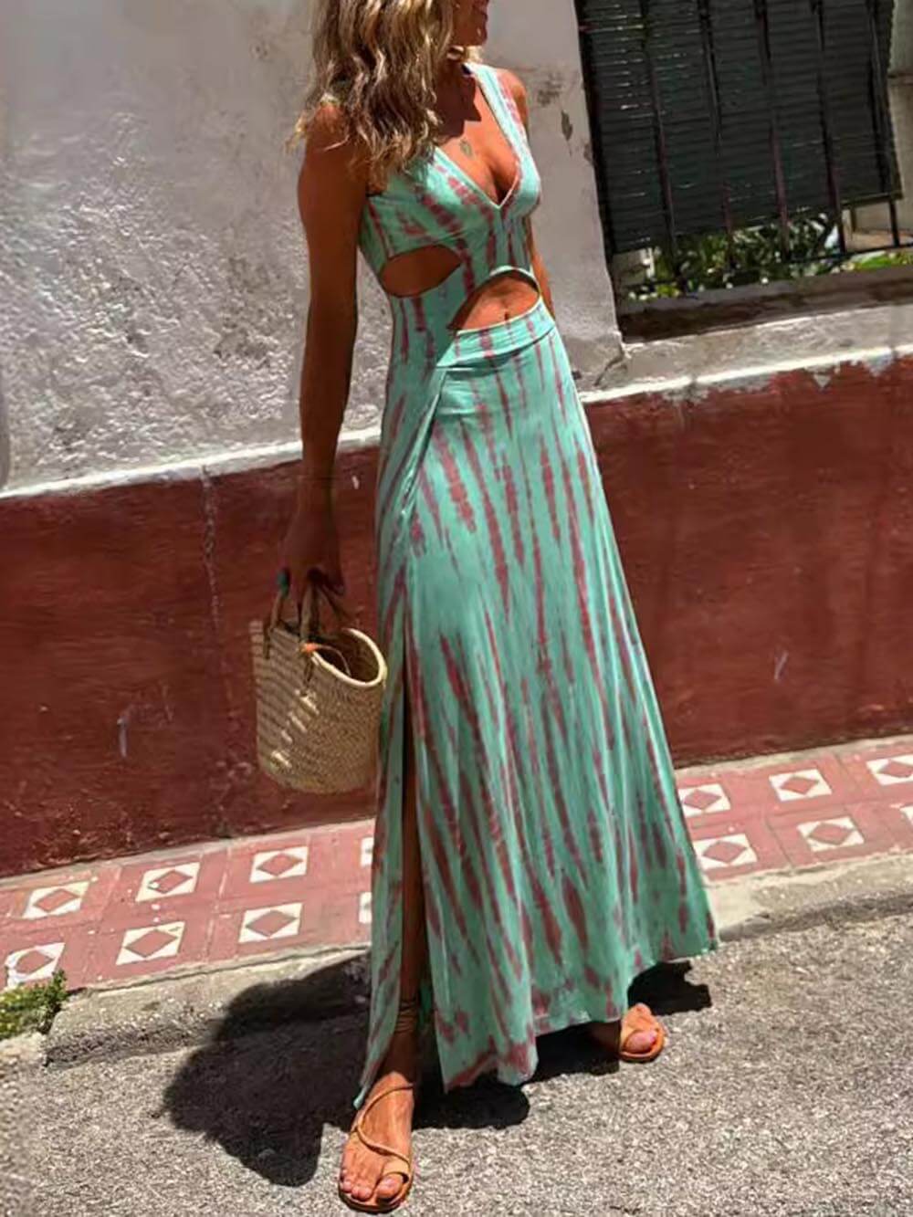 Unique Tie-dye Print Cutout Design Slit Stretch Dress