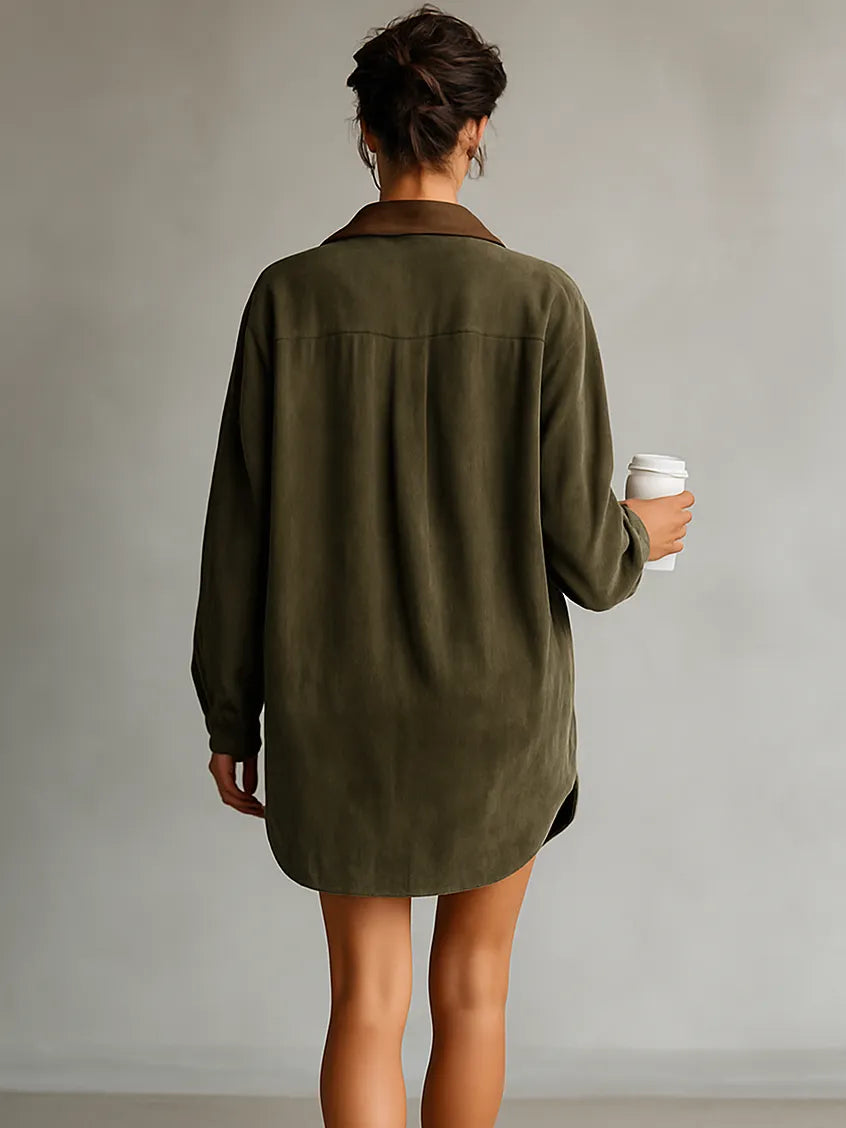 Women's Simple Loose Leather Lapel Spliced Suede Mini Dress
