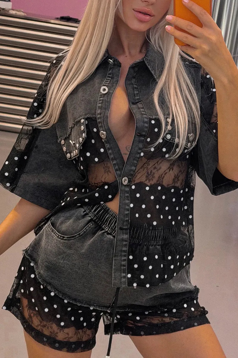 Women's  Casual Denim & Mesh Sheer Shirt + Lace Trim Shorts