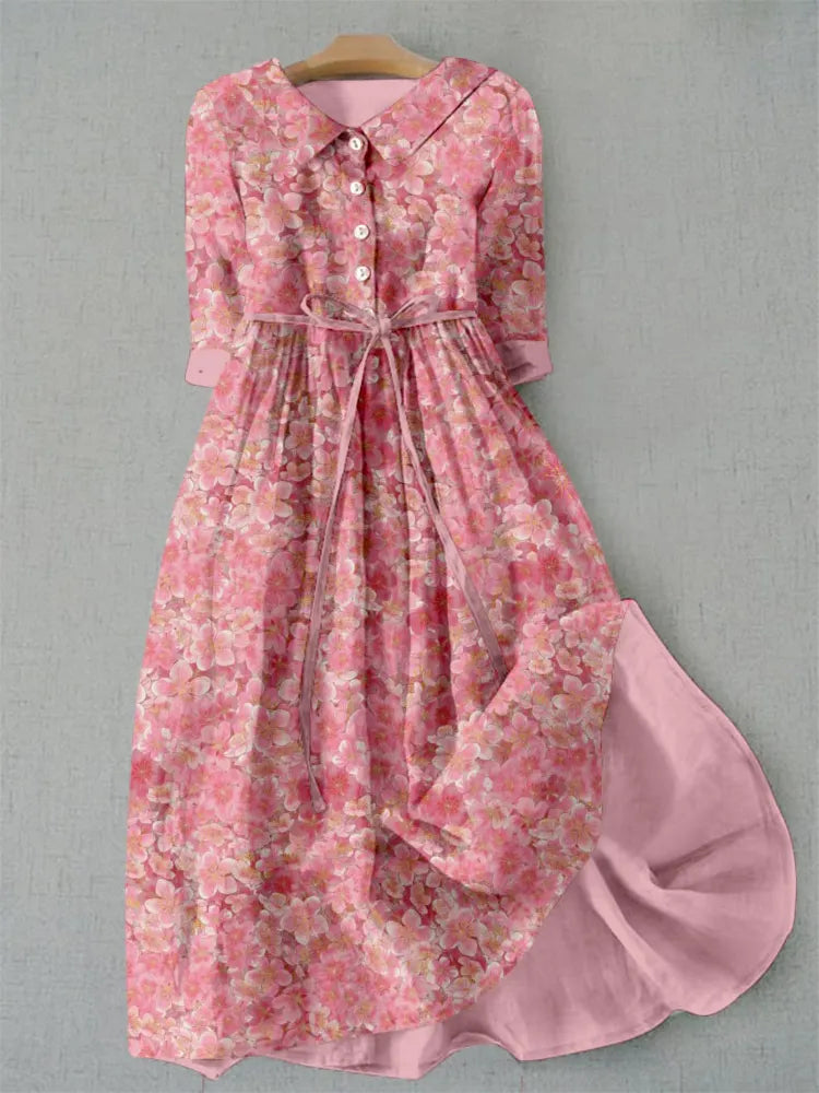 Japanese Cherry Blossoms Pattern Lace-up Cozy Maxi Dress