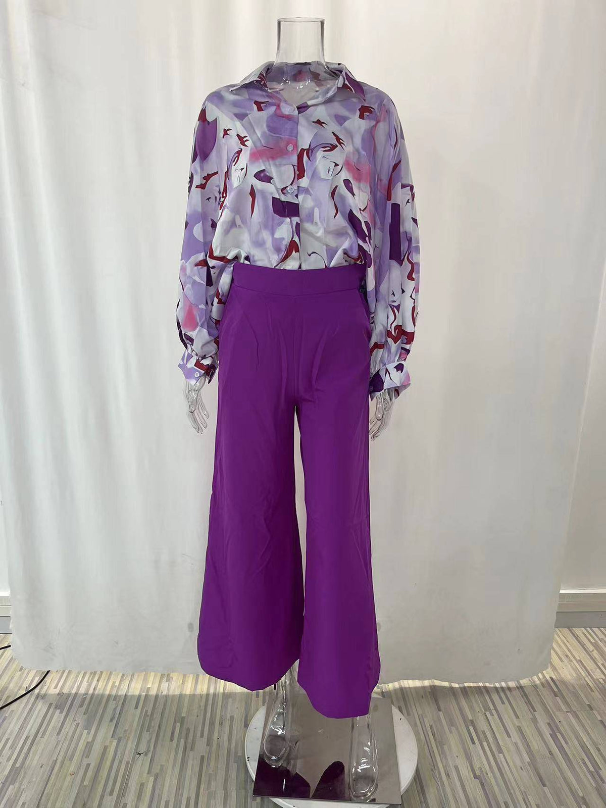 Printed Shirt Wide Leg Pants Suit