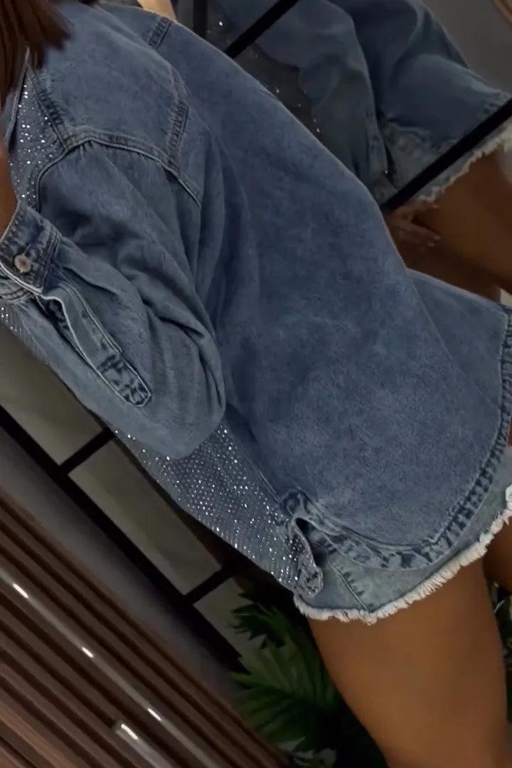 Casual Lapel Hotfix Rhinestone Denim Jacket