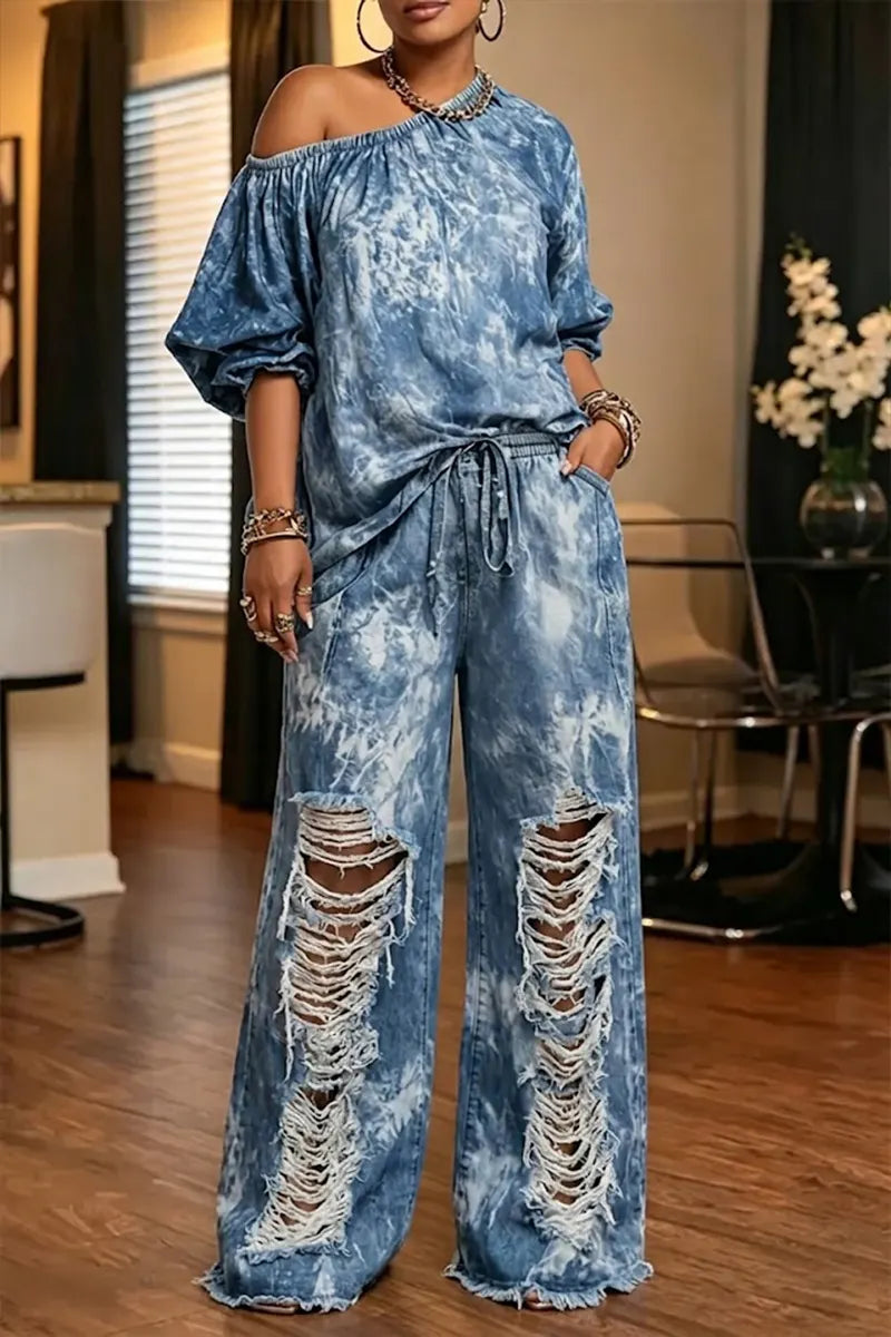 Women's Casual One Shoulder Puff Sleeve Denim Top or Distressed Ombré Street Style Jeans