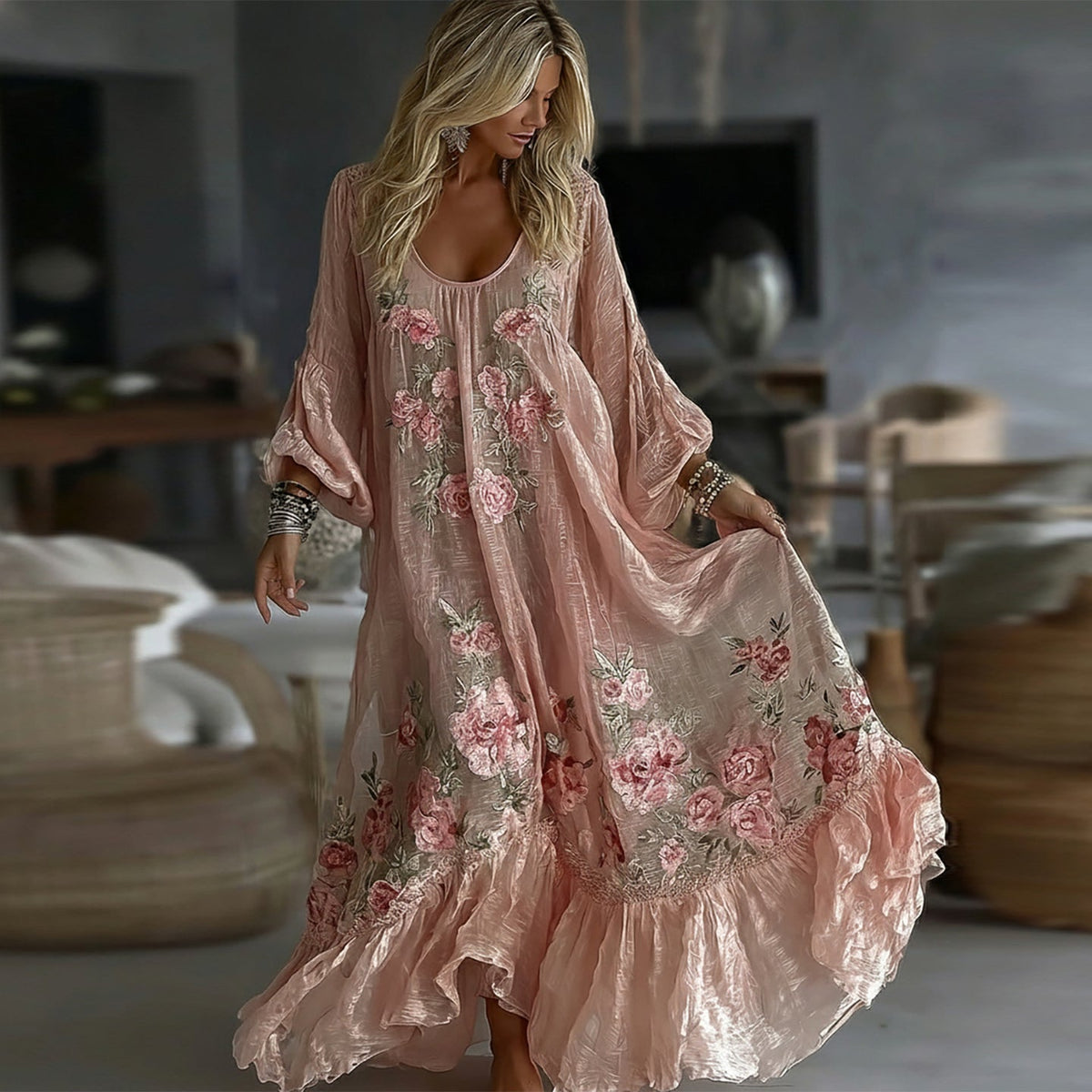 Women's Vintage Floral Art Flowy Linen Blend Casual Long Sleeve Maxi Dress