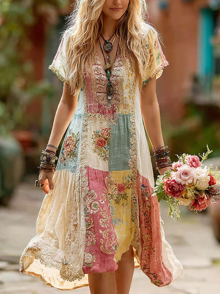 Women's Retro Floral Splicing Cotton And Linen Long Dress