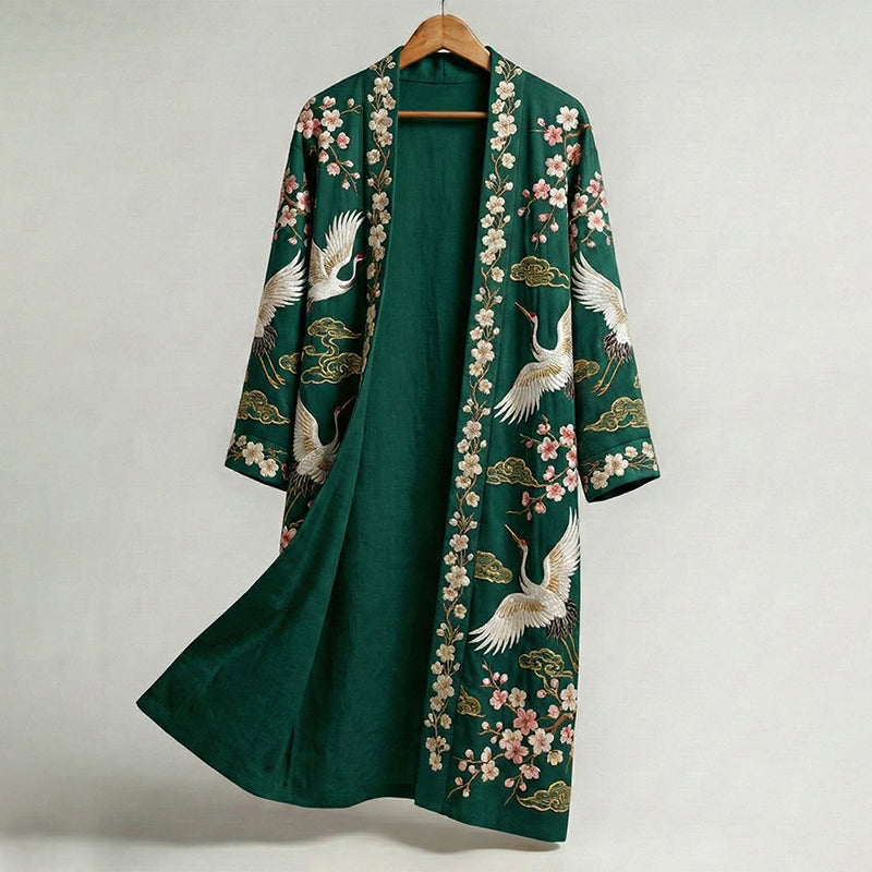 Men's Retro Crane Art Print Linen Long Kimono