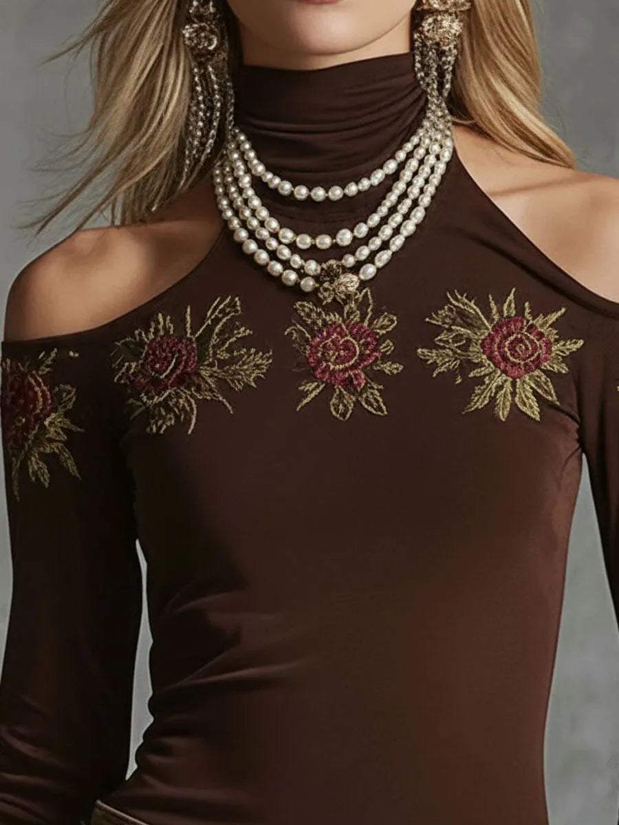 High-neckoff-shoulder Rose-embroidered All-cotton Long-sleeved T-shirt