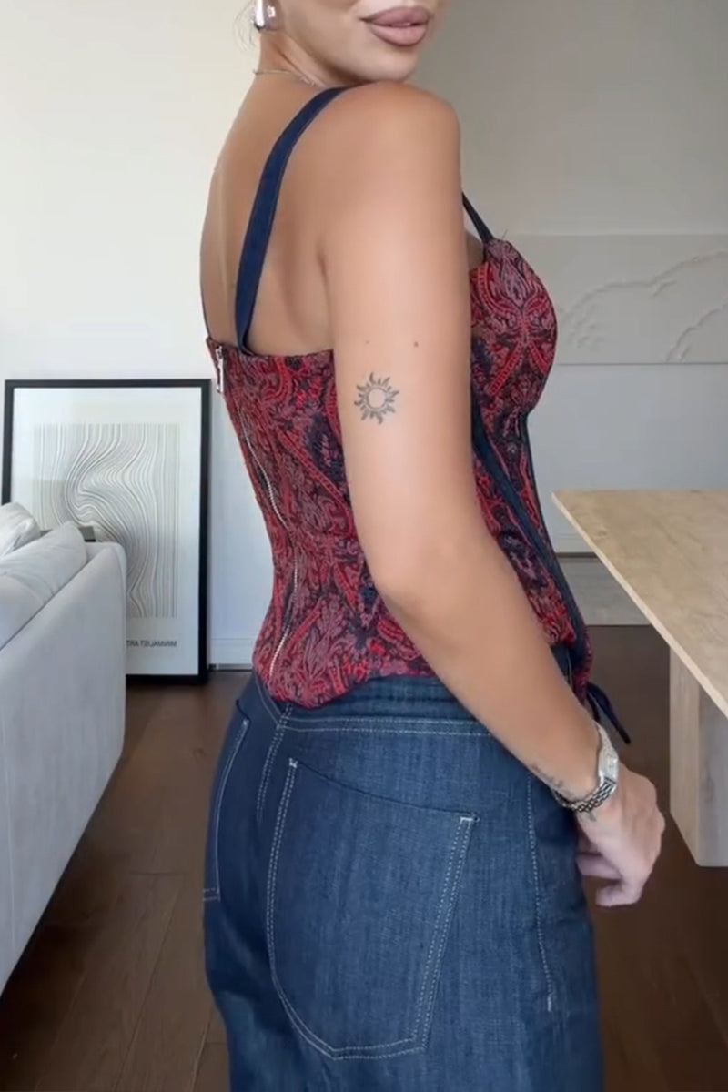 Women's Elegant Patterned Lace Up Denim Patchwork Vest or Straight Jeans