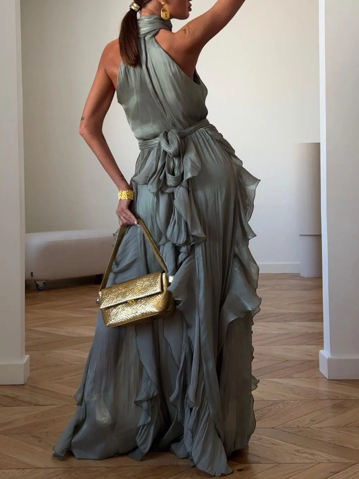 Elegant Halter Neck Ruffle Chiffon Flowy Maxi Dress