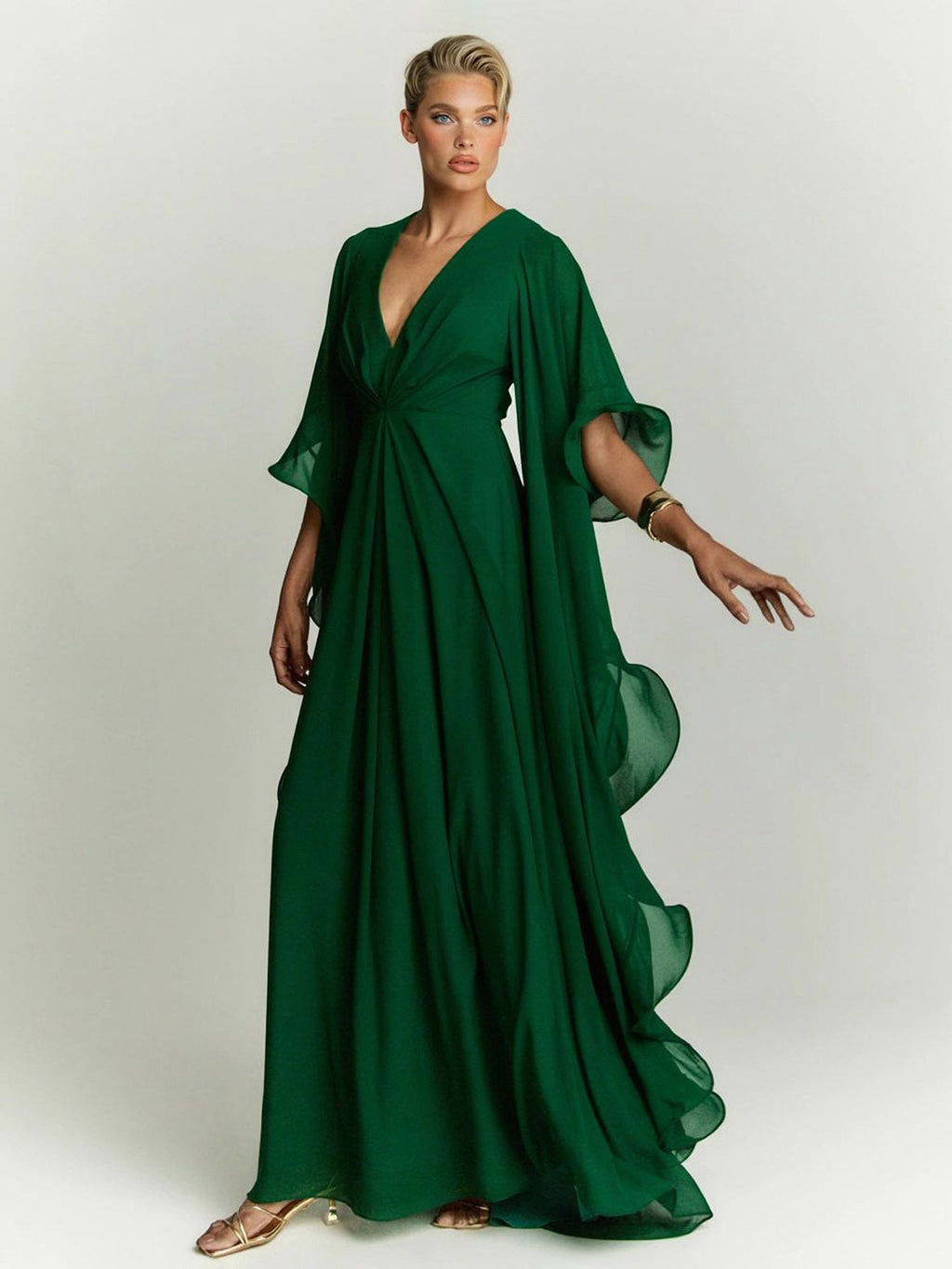 Elegant Draped Head Sleeve Chiffon Maxi Dress