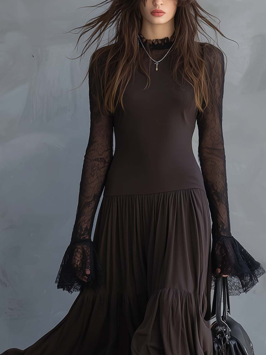 Dark Brown Lace-sleeved Sheer Hem Flared Cuffs Maxi Dress