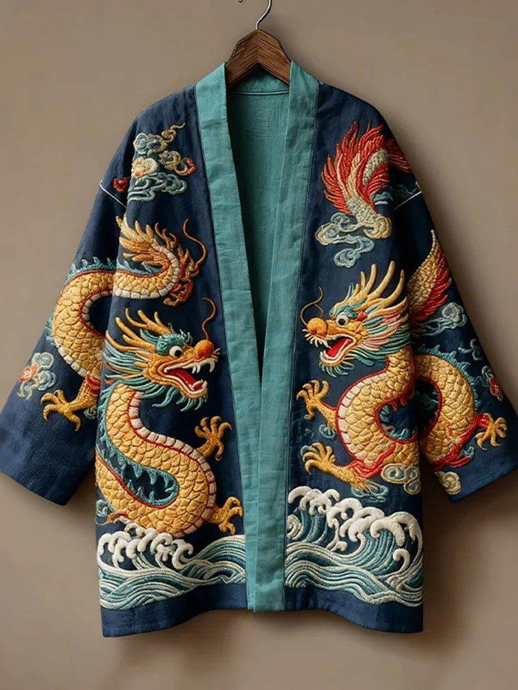 Men's Japanese Dragon And Wave Pattern Yam Kimono