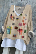 Women's Geometric Embroidered Textile Art Linen Blend Tunic