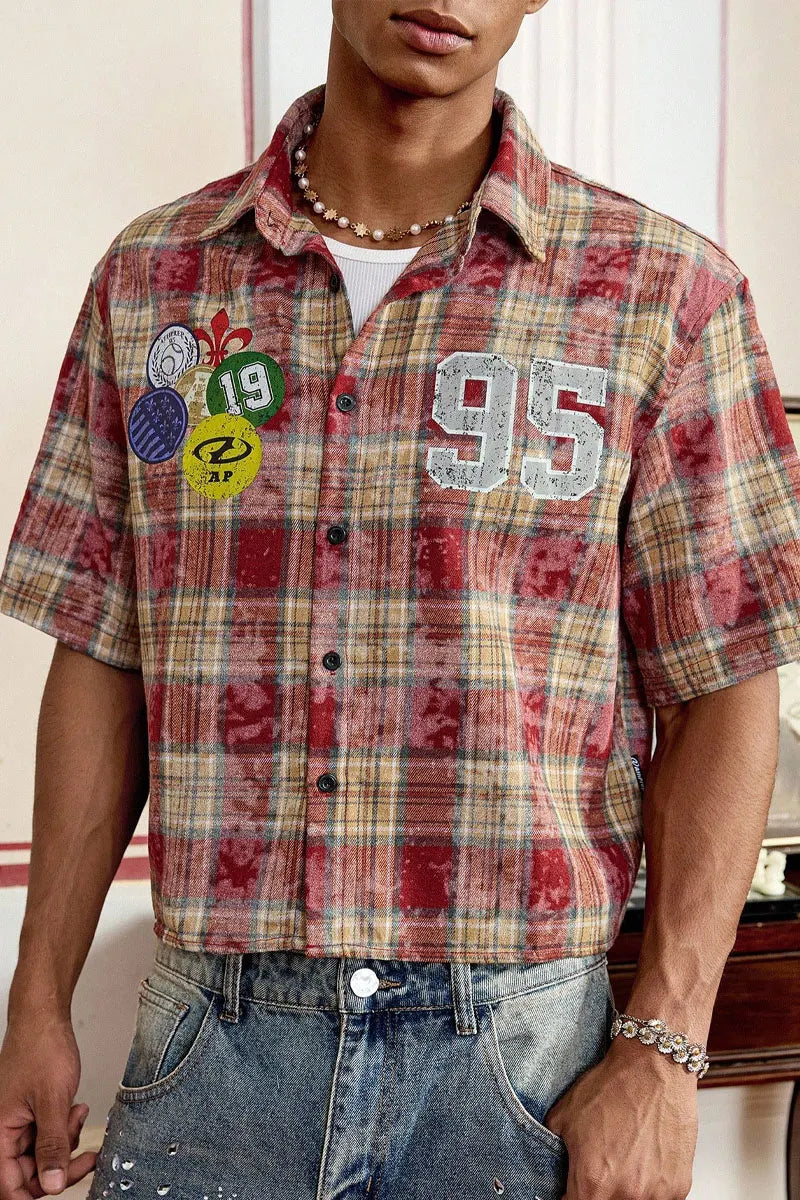 Men Cropped Distressed Plaid Short-Sleeve Shirt with Patches