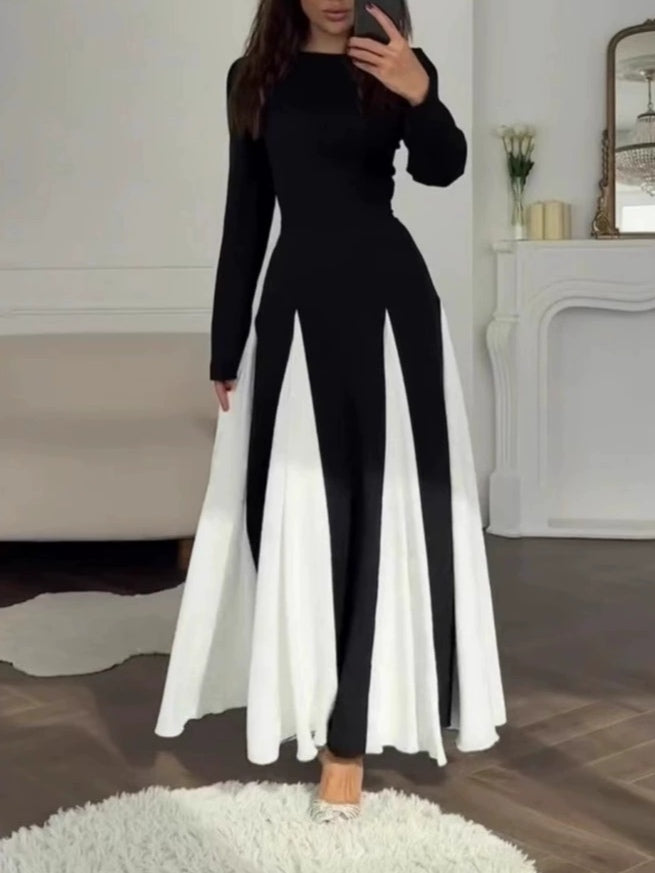 Elegant Black and White Colorblock Round Neck Waist Long Sleeve Dress