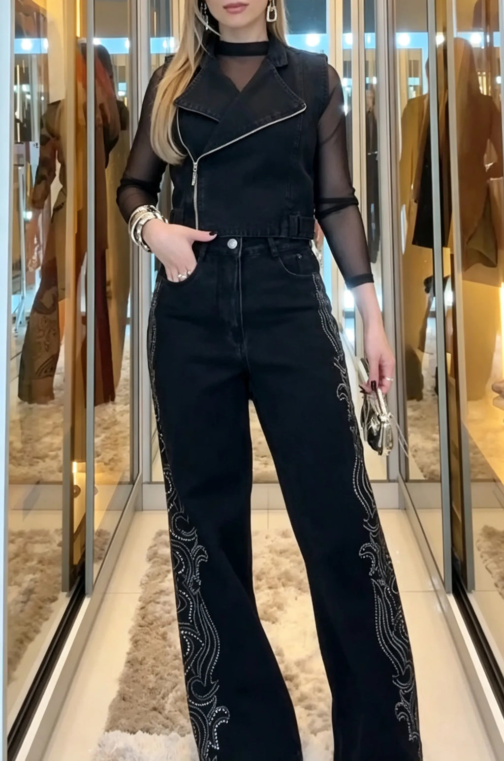 Women's Casual Lapel Denim Vest or Side Rhinestone Jeans