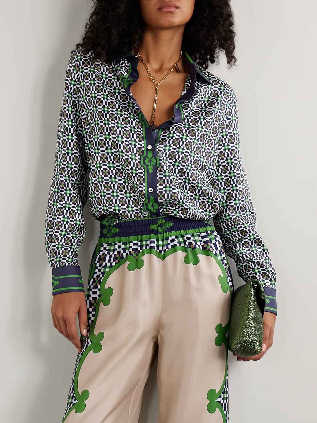 Unique Geometric Pattern Printed Satin Long-sleeved Shirt