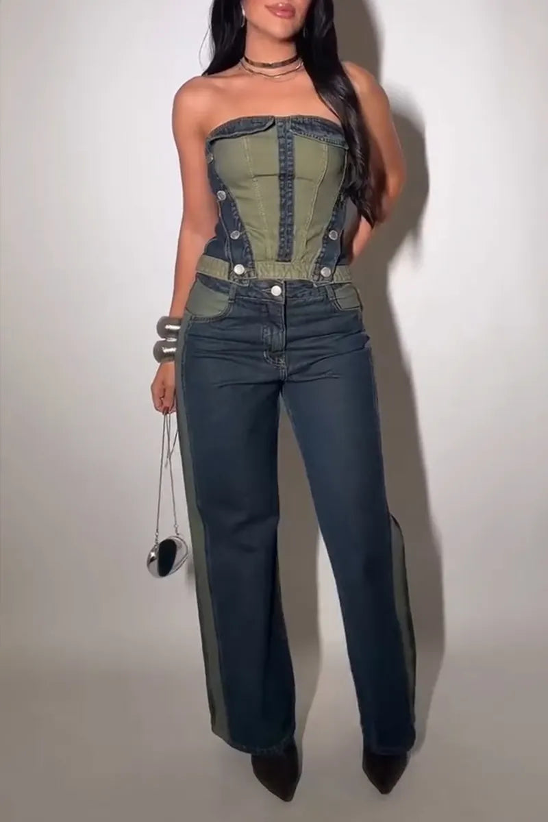 Women's Casual Color Block Denim Bustier or Wide Leg Jeans