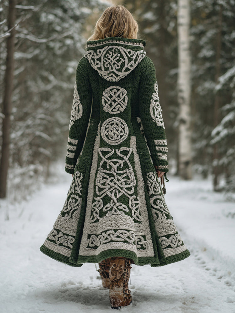 Women's Viking Celtic Knot Pattern Knit Hooded Long Sweater Coat