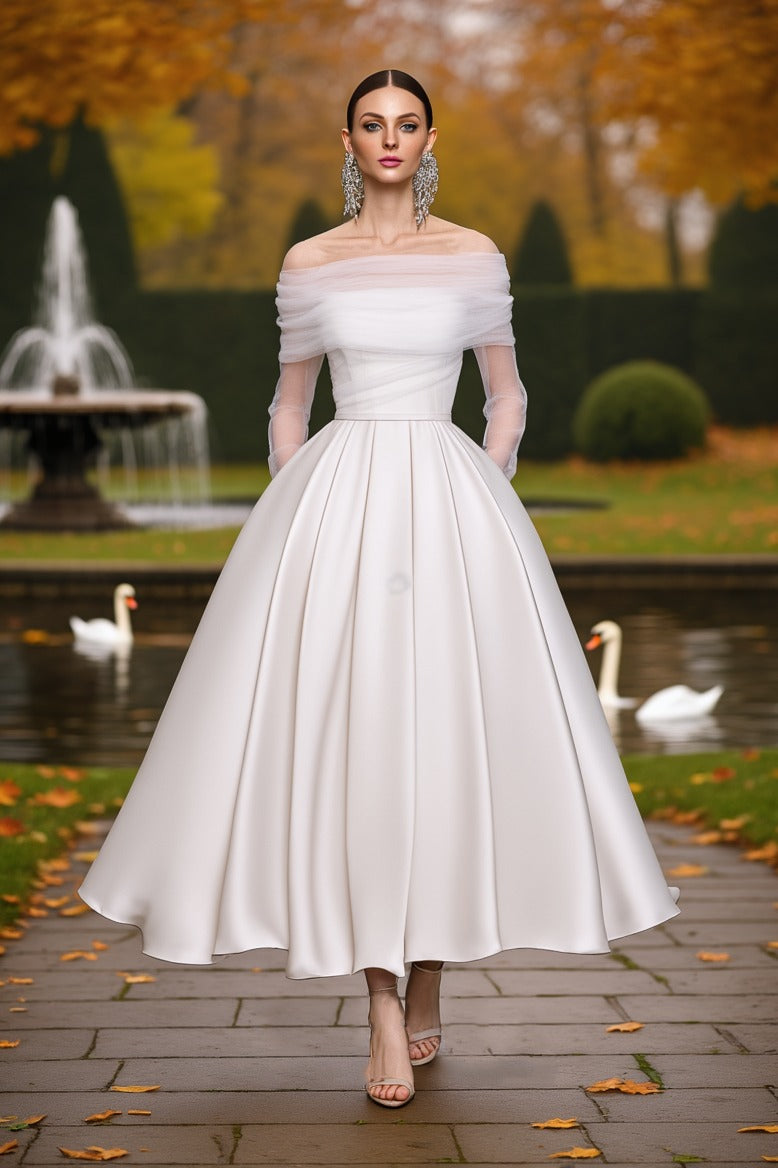 Wedding Dress White Off Shoulder Mesh Maxi Long Sleeve Dress