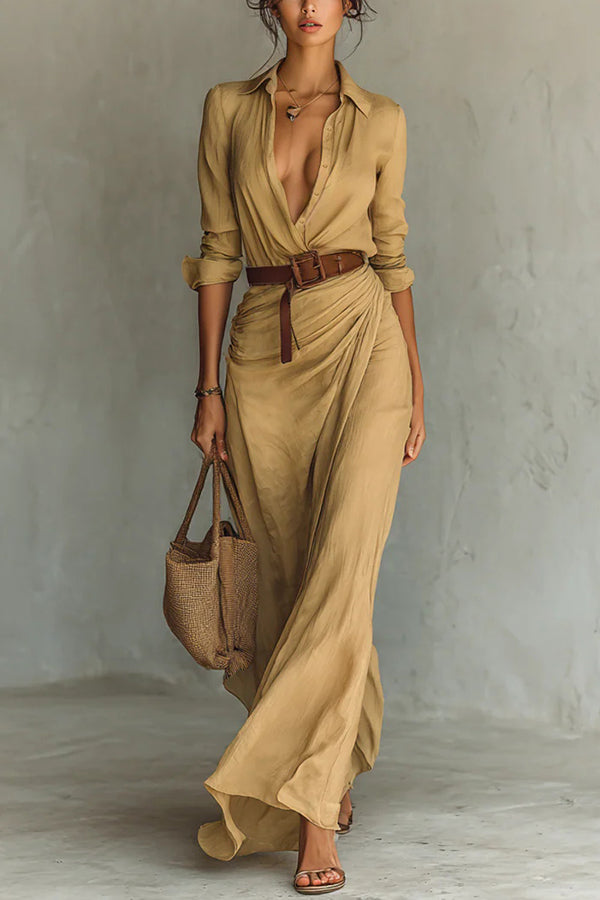 Single Breasted Long Sleeve Warp Slit Shirt Maxi Dress