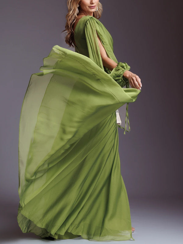 V-Neck Solid Chiffon Maxi Dress