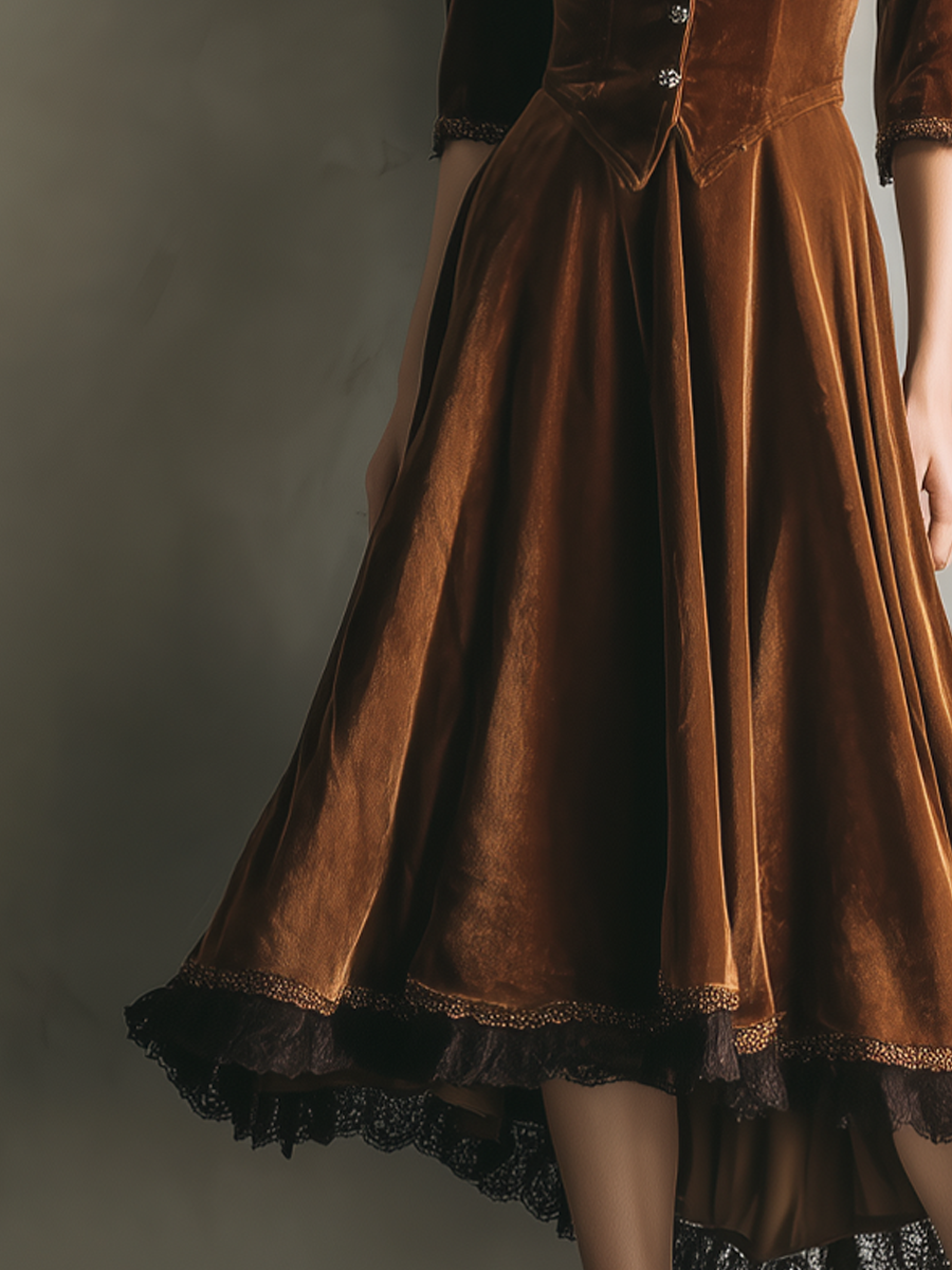 Vintage Three-Quarter Sleeves Lace High-Low Hem Velvet Two Pieces Set
