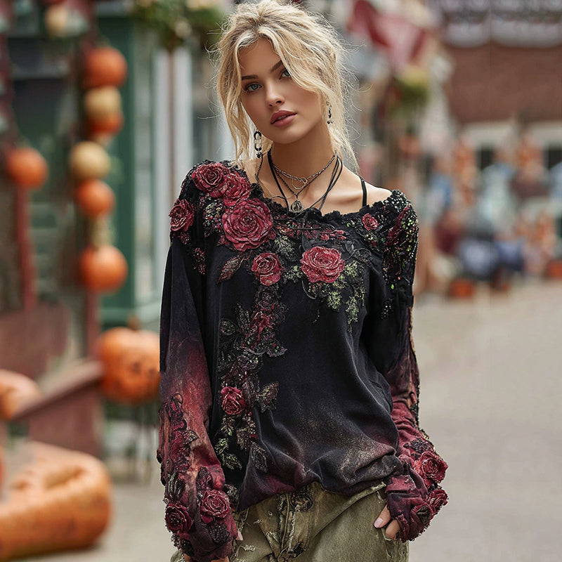 Vintage Rose Embroidery Beaded Gradient Long-sleeved T-shirt