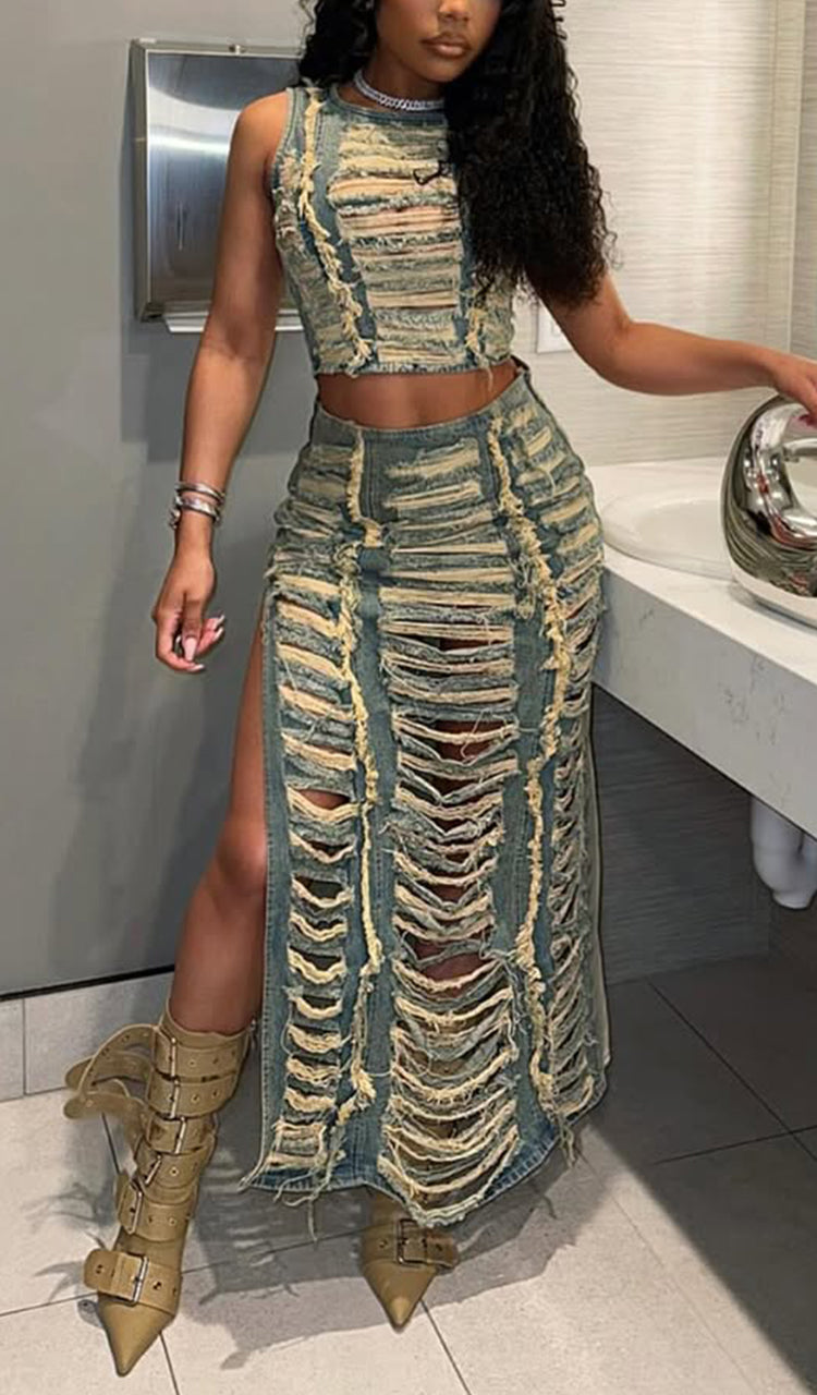 Women Round Neck Ripped Top+ Split Half Skirt Casual Denim Suit