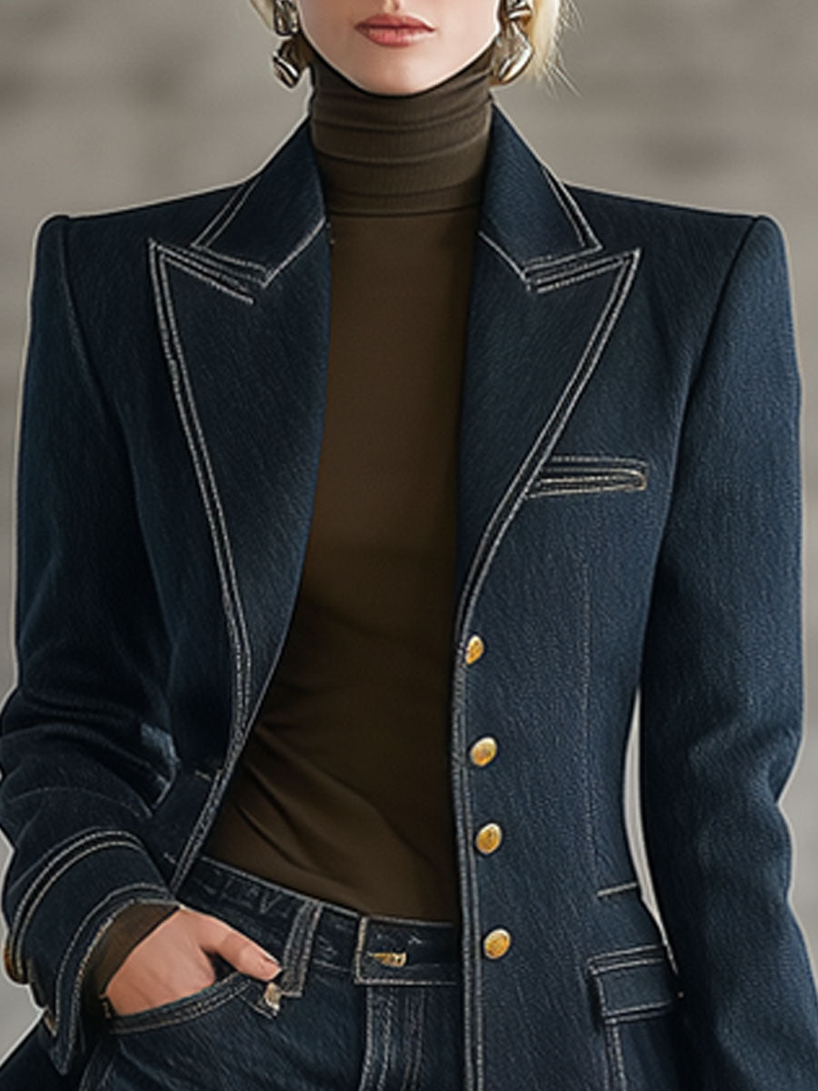 Fashion Retro Topstitched Navy Blue Denim Jacket