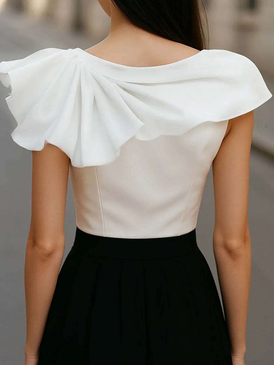 Chic Asymmetric Ruffle Blouse with Boat Neck