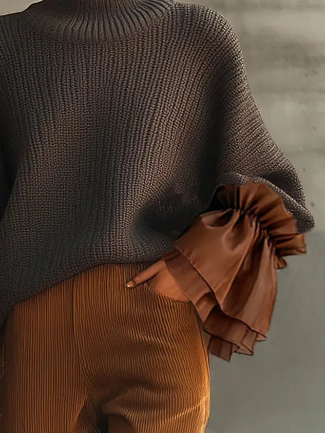 Casual Color Block Turtleneck Sweater with Sheer Ruffle Cuffs