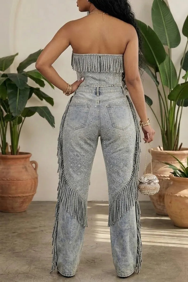 Women's Casual Rhinestone Embellished Strapless Fringed Denim Top Or Fringed Wide Leg Jeans Set