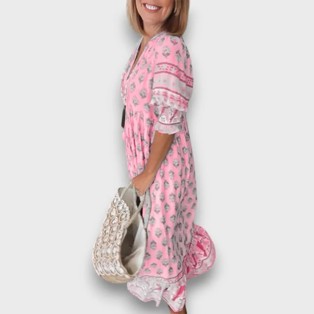 Airy Boho Dress with 3/4 Sleeves and Laced V-Neck