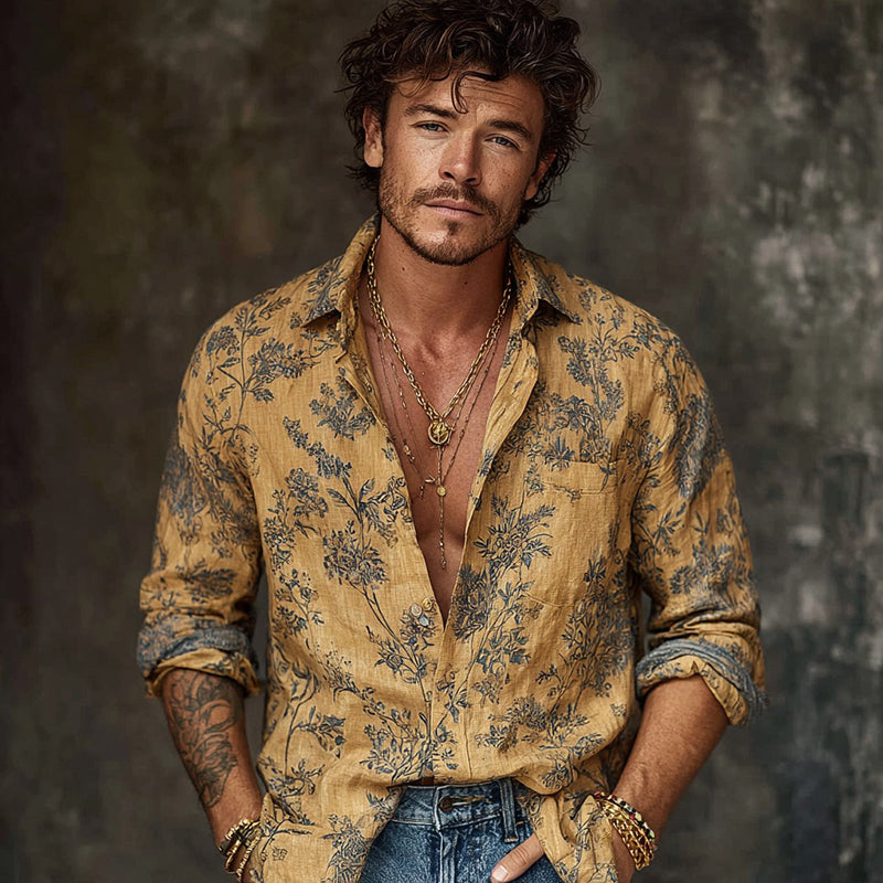Men's Retro Bohemian Floral Print Casual Linen Shirt