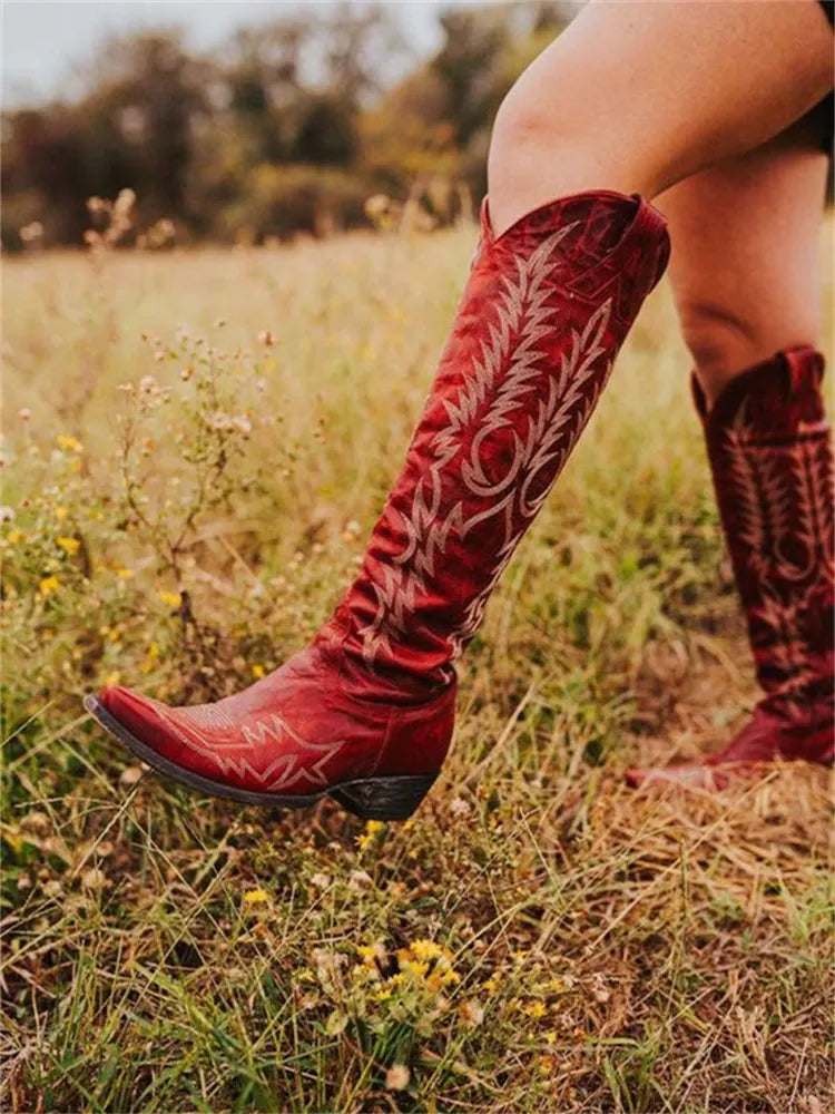 Vintage Western Cowboy Embroidered Knee-High Boots