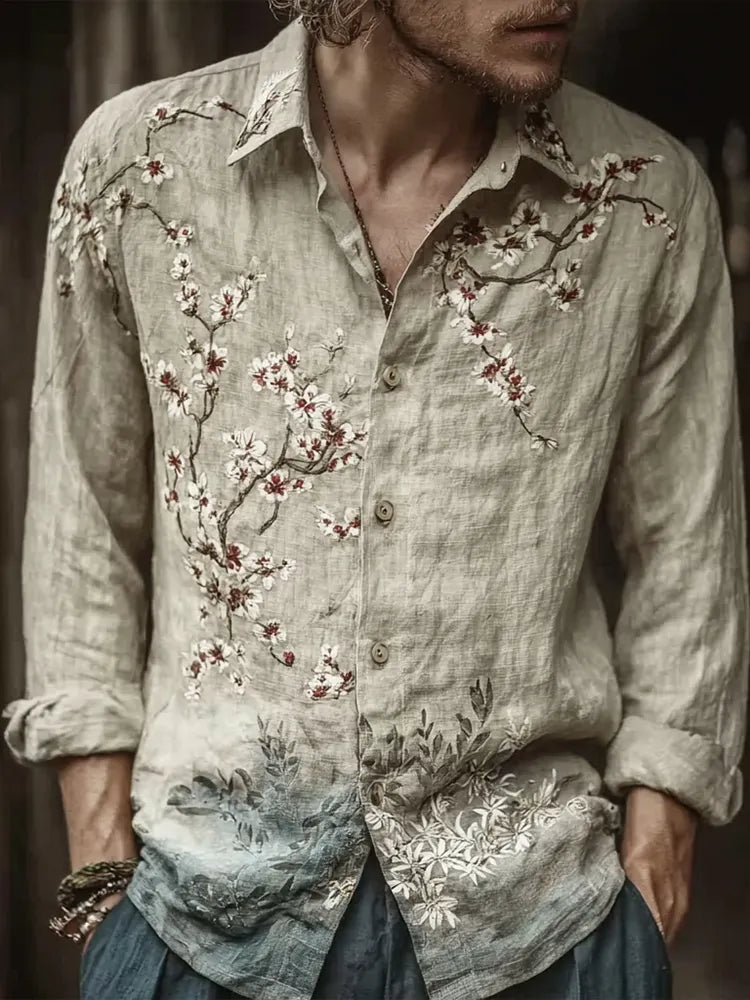 Bohemian Retro Style Floral Print Men's Long-sleeve Shirt