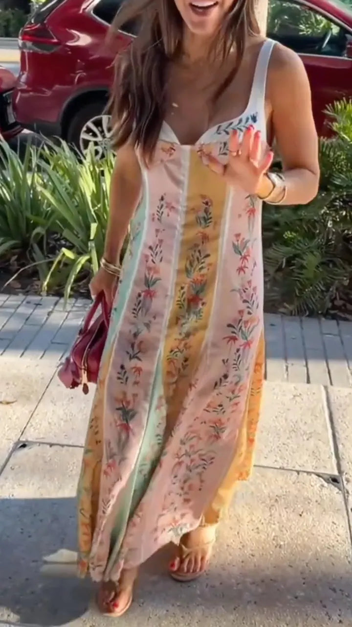 Women's Fresh Color-Blocked Floral Print Sundress Long Dress Vacation Style