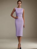 Wedding Guest Dress Purple Sleeveless Rhinestone Fit Tea-Length Dresses