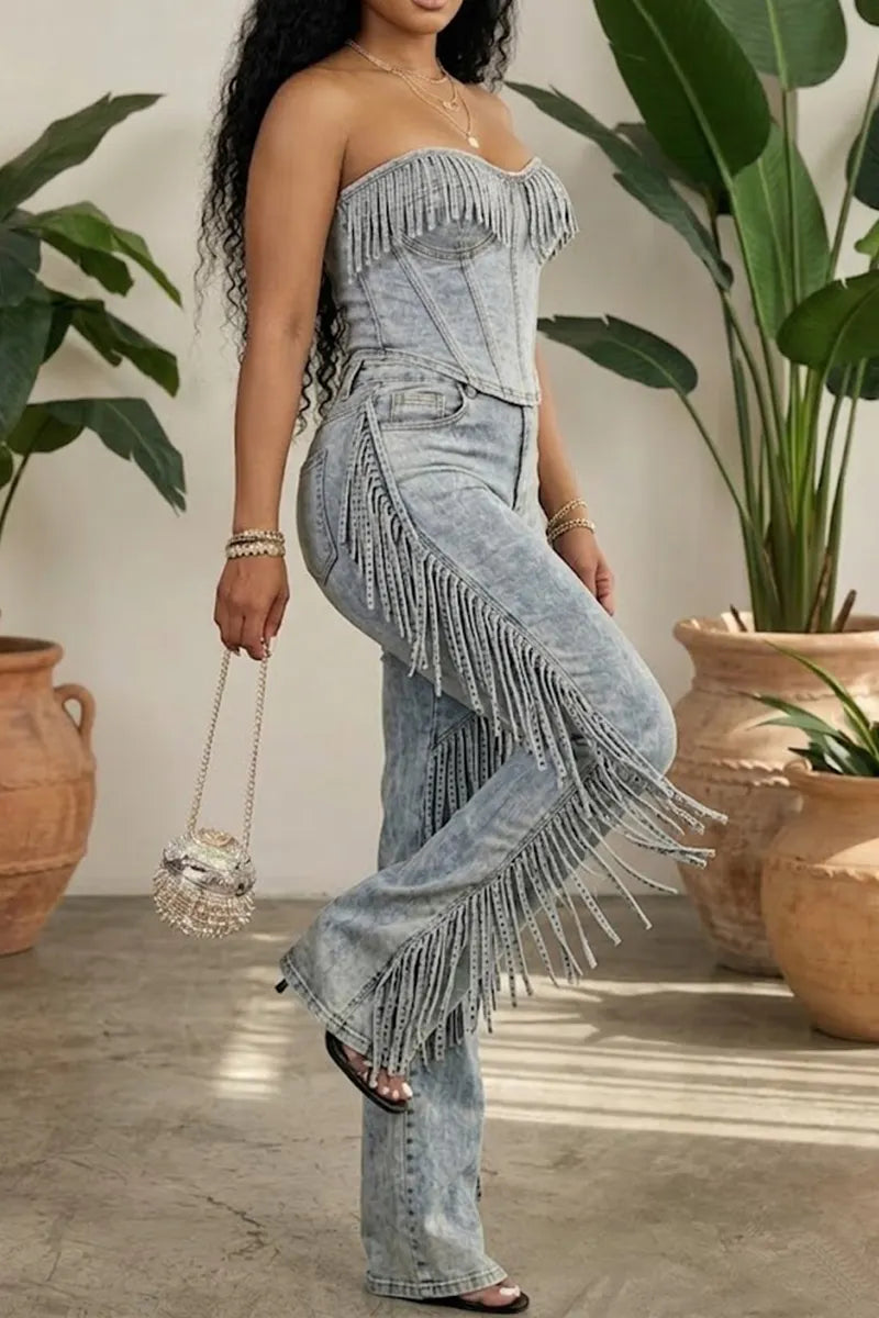 Women's Casual Strapless Fringed Denim Top Or Fringed Wide Leg Jeans