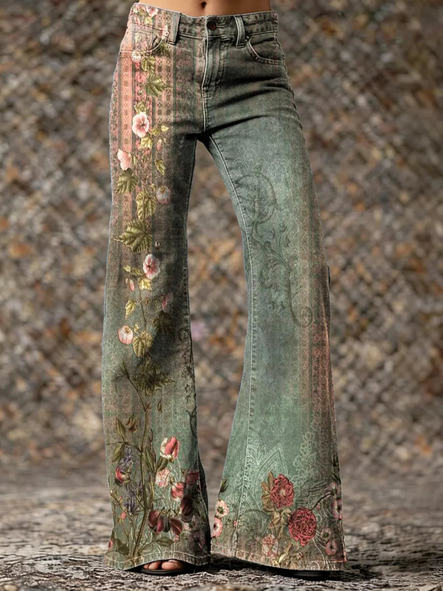Women's Retro Bohemian Floral Art Print Casual Washed Pants