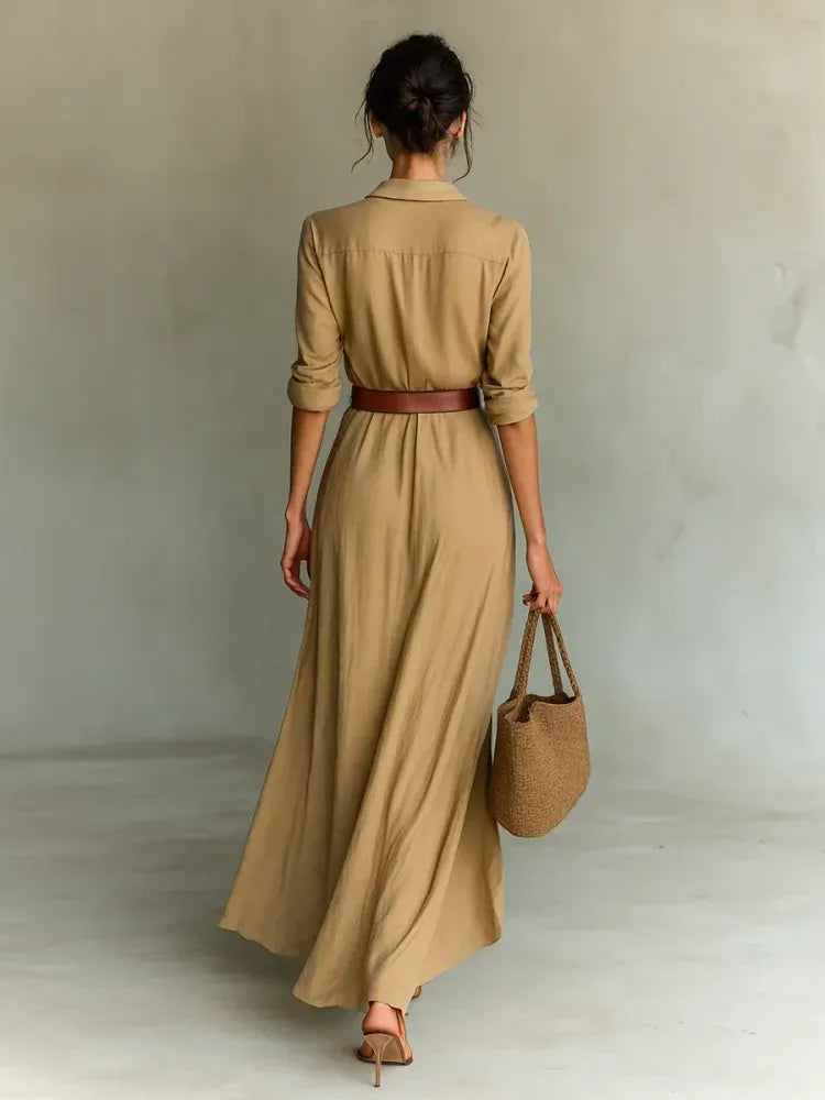 Single Breasted Long Sleeve Warp Slit Shirt Maxi Dress